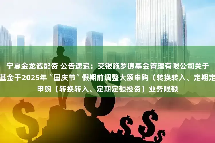 宁夏金龙诚配资 公告速递：交银施罗德基金管理有限公司关于交银稳鑫短债债券基金于2025年“国庆节”假期前调整大额申购（转换转入、定期定额投资）业务限额